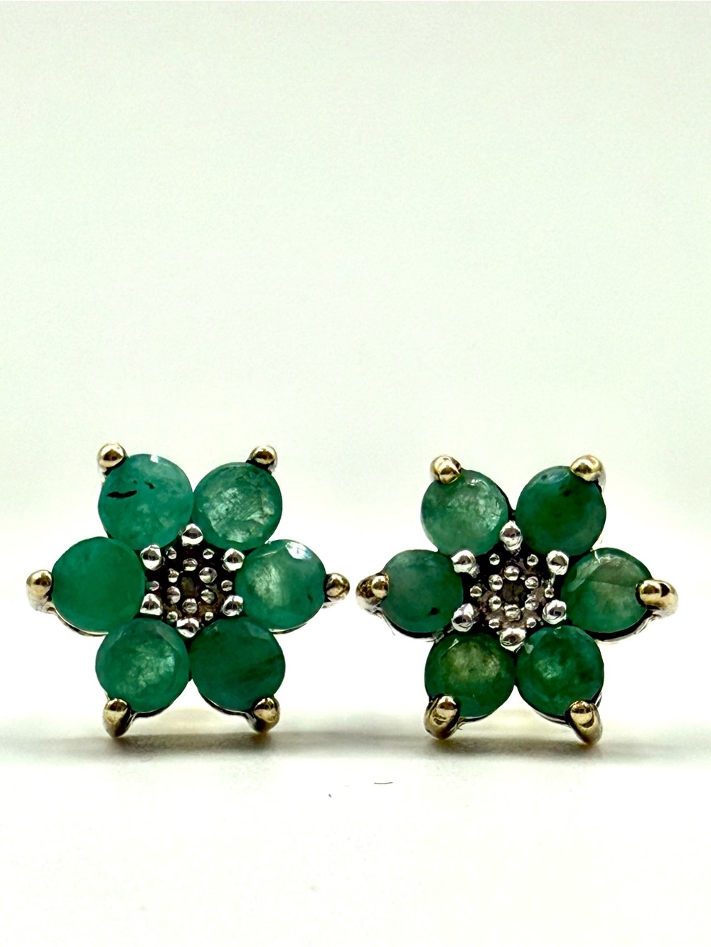 Gold Finish 925 Sterling Silver Natural Emerald & Diamond Stud Earrings